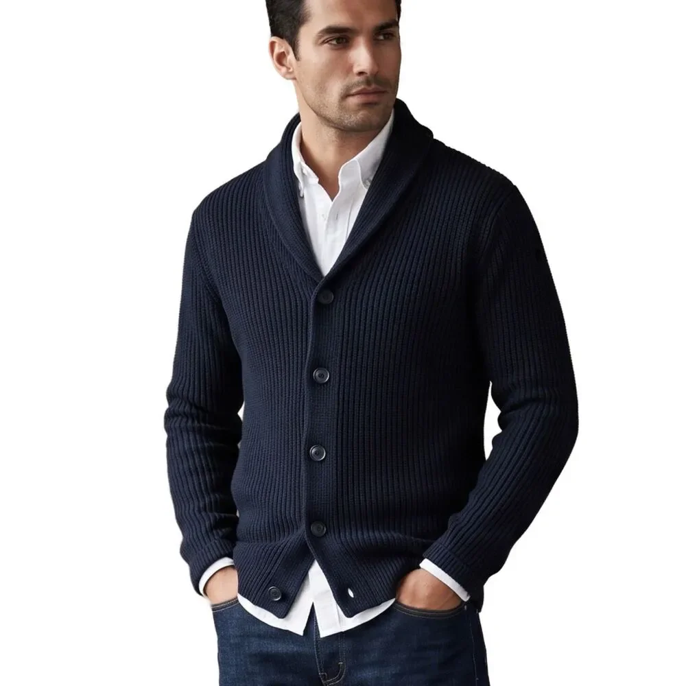 H&M Men's Navy Blue Black Ribbed Shawl Collar Cardigan Sweater Size Extra Small